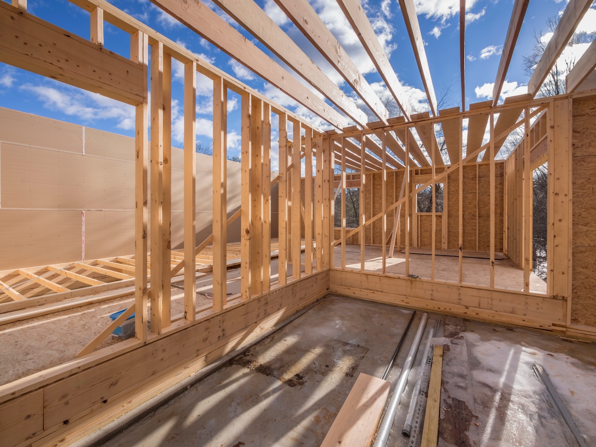 View of interior construction framing of new housing